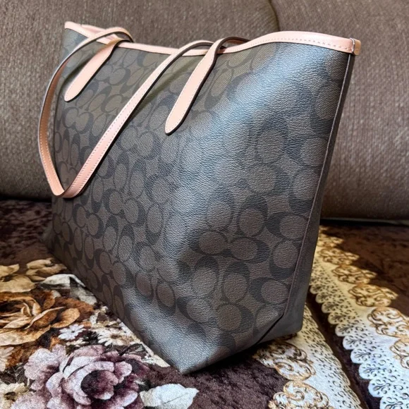 COACH Brown/Pink Signature Coated Canvas Gold-Tone Hardware City Tote Bag - Picture 9 of 12
